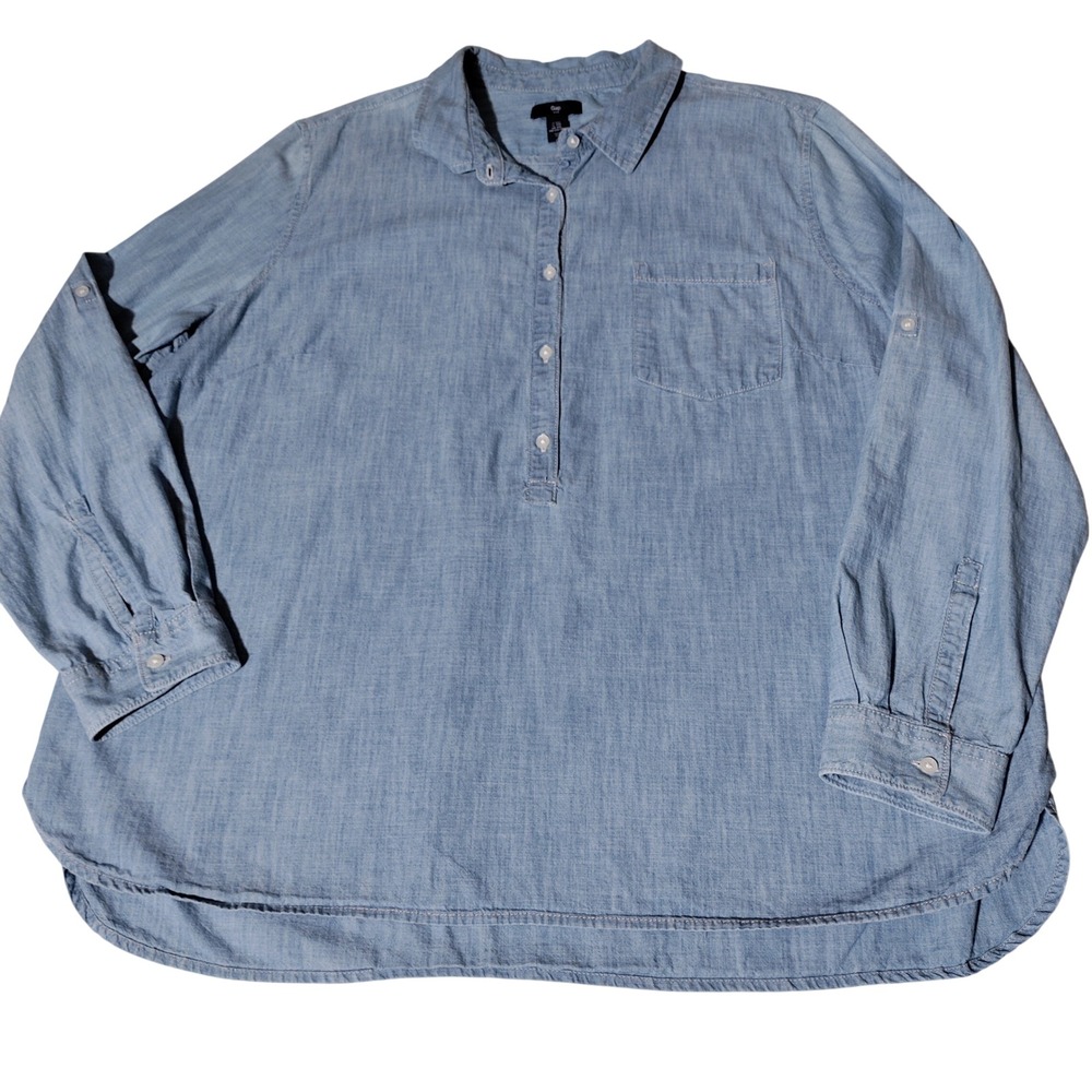 Gap Womens XXL Blue Cotton Chambray Roll Tab Sleeve Tunic Shirt Top - Imperfect